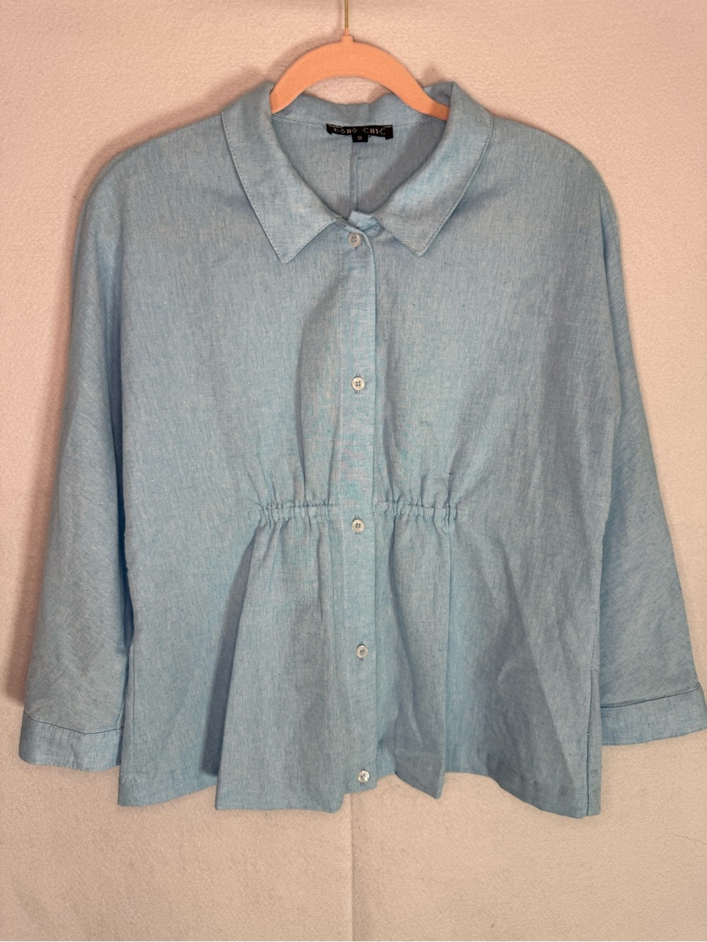 BOHO CHIC - Cotton/Linen Blend - Light Blue Button Front Peplum Blouse - Size S